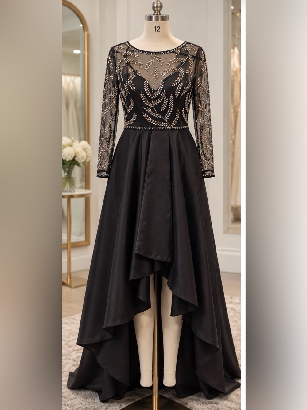 Embroidered Black High-Low Evening Dress